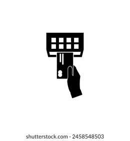 Using Pos Terminal. Hand Pushing Credit Card in to Bank Card Reader. Credit Card Payment. Flat Vector Icon illustration. Simple black symbol on white. Sign design template for web mobile UI element