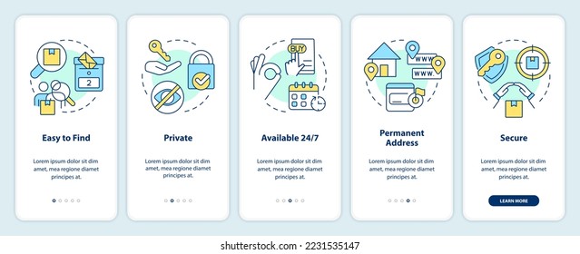 Using post office boxes benefits onboarding mobile app screen. Mailbox walkthrough 5 steps editable graphic instructions with linear concepts. UI, UX, GUI template. Myriad Pro-Bold, Regular fonts used