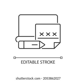 Using post it to remember password linear icon. Write down important information. Thin line customizable illustration. Contour symbol. Vector isolated outline drawing. Editable stroke