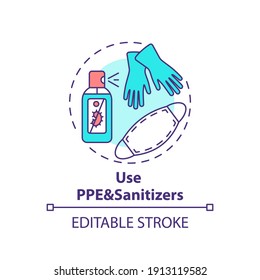Uso del icono de concepto de EPP y sanitizers. Compras seguras durante la ilustración de la idea de punta Covid. Prácticas de control de infecciones. Dibujo de color RGB con contorno aislado del vector. Trazo editable