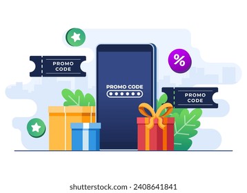 Using promo code on online shopping checkout, Discount code, Gift voucher, Gift card, Bonus, Promotion campaign concept vector flat illustration for web banner, website design, social media