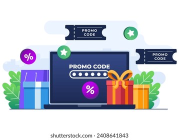 Using promo code on online shopping checkout, Discount code, Gift voucher, Gift card, Bonus, Promotion campaign concept vector flat illustration for web banner, website design, social media