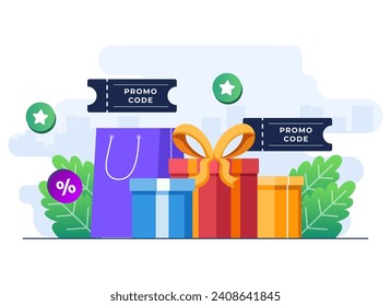 Using promo code on online shopping checkout, Discount code, Gift voucher, Gift card, Bonus, Promotion campaign concept vector flat illustration for web banner, website design, social media