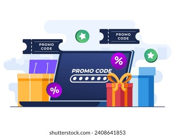Using promo code on online shopping checkout, Discount code, Gift voucher, Gift card, Bonus, Promotion campaign concept vector flat illustration for web banner, website design, social media