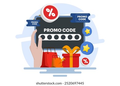 uso de código promocional en el pago de compras en línea, código de descuento, cupón de regalo, Tarjeta de regalo, bono, campaña promocional. Ilustración vectorial plana para el Anuncio de Web, diseño de Sitio web, redes sociales.