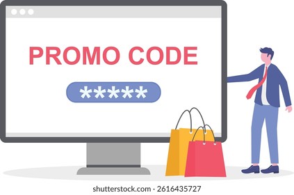 using promo code on online shopping payment, Discount code, Gift voucher, Gift card, Bonus, Promotional campaign. flat vector illustration for web banner, website design, social media.

