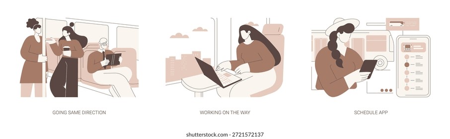 Uso de transporte público conjunto de Ilustraciones vectoriales de dibujos animados aislados. Encontrarse con un amigo en el autobús, ir en la misma dirección, trabajar en el camino con el ordenador portátil, App de horario, esperando en la parada de dibujos animados Vector.