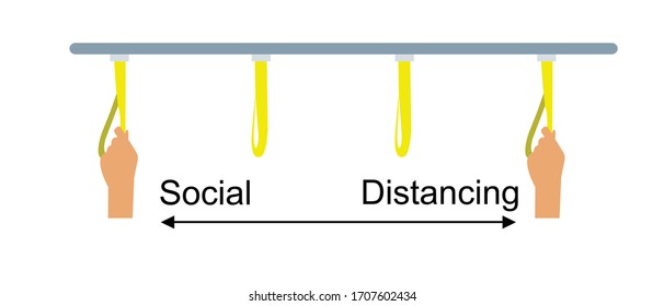 Using a public transportation, hold handrail and stanchion, passenger attention practice make social distancing