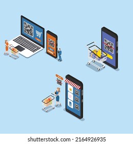 Using QR-code for shopping payment isometric 3d vector illustration concept for banner, website, illustration, landing page, flyer, etc.