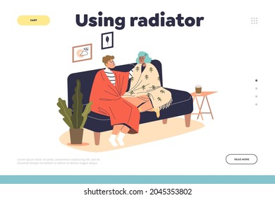 Using radiator concept of landing page with young couple sit on couch covered with warm blankets indoors. Man and woman freezing at home during winter season. Cartoon flat vector illustration