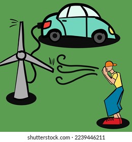 Using renewable wind energy to charge an electric vehicles. A young guy blows on a windmill that charges an electric car, sustainability concept cartoon illustration.