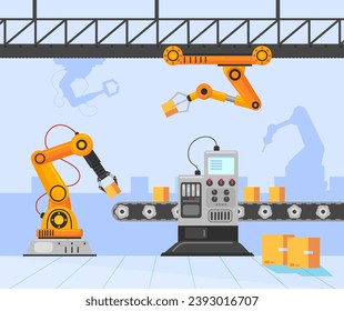 Using robotic arms in production line at factory vector illustration. Modern technology use for industrial purposes. Industry 4.0, robotics concept