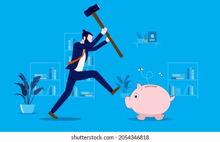 Using savings - Poor and angry businessman with sledgehammer about to break piggy bank to find money. Vector illustration.