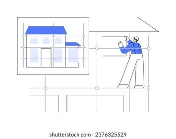 Using scaffolding abstract concept vector illustration. Contractor in protective gear and helmet using scaffolding at a commercial construction, building process, work safety abstract metaphor.