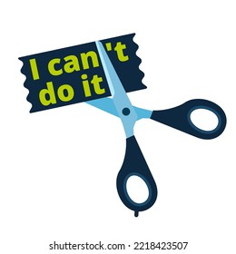 Using scissors to remove the word can't to read I can do it concept for self belief, positive attitude and motivation. Flat vector illustration