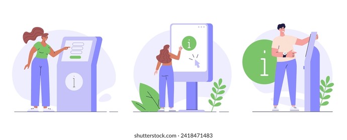 Using self-service with info. Users touch screen self service terminal. Set of informational checkout service, info panel. People pushing on interactive information terminal. Vector illustration
