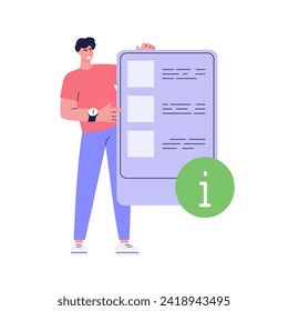 Using self-service with info. Users touch screen self service terminal. Concept of informational checkout service, info panel. People pushing on interactive information terminal. Vector illustration