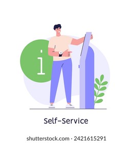 Using self-service with info. Users touch screen self service terminal. Concept of informational checkout service, info panel. People pushing on interactive information terminal. Vector illustration