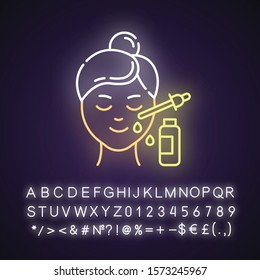 Using serum neon light icon. Skin care procedure. Lifting and exfoliating. Oil product for skin. Dermatology, cosmetics. Glowing sign with alphabet, numbers and symbols. Vector isolated illustration