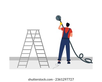 Using services to clean walls, carrying ladders to reach high places, worker vector illustration.