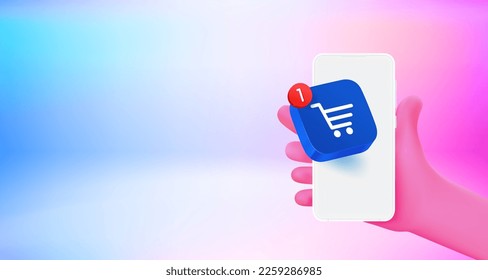 Using shopping application on mobile phone. 3d vector banner with copy space