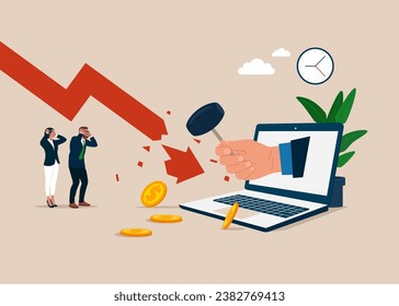 Using sledgehammer crash huge red falling arrow. Restraint fall in stock quote. Flat vector illustration