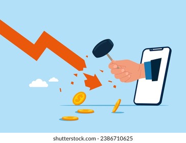 Usando el martillo de plomo choque una enorme flecha de caída roja. Crisis económica. Ilustración vectorial plana