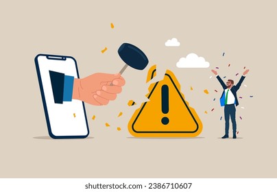 Using sledgehammer crash huge yellow exclamation attention sign. Flat vector illustration