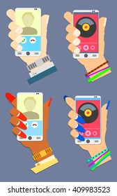 Using smart phone man and women / Four images of hands holding smart phone to answer a call or listen to music