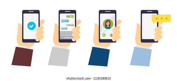 using smart phones, reading news and texting message to friends. Flat vector concept illustration of smartphone usability on white background. Hand with smartphone illustration set