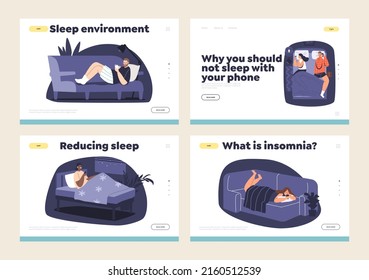 Using smartphone in bedroom concept of template landing page set with people lying in bed with phone in hands. Men and women hold mobile phone spend time in social media. Flat vector illustration