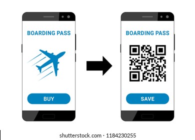 Using a smartphone for booking a boarding pass to travel on the plane. Flat design. Vector illustration