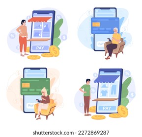 Using smartphone for business, finance flat concept vector spot illustration set. Editable 2D cartoon characters on white for web design. E commerce creative ideas pack for website, mobile, magazine