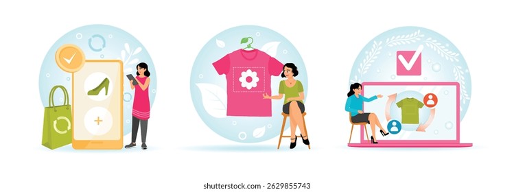 Using a smartphone to buy recycling eco friendly shoes. Explaining a pink shirt with a floral design, recycling eco friendly. Online clothing recycling eco friendly. Waste Reduction Concept.