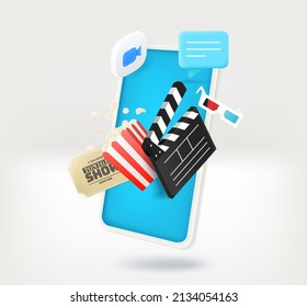 Using smartphone for entertainment. Concept with clap, ticket, chat bubble and camera icon. 3d vector illustration - Shutterstock ID 2134054163