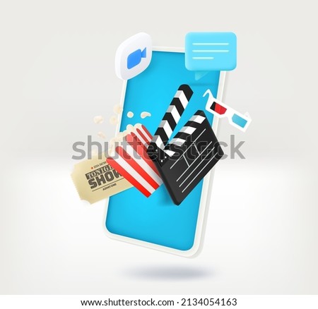 Using smartphone for entertainment. Concept with clap, ticket, chat bubble and camera icon. 3d vector illustration