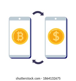 Usar un smartphone para intercambiar dólares por bitcoin. Tecnologías de la cadena de bloqueo, bitcoins, aledines, finanzas, mercado monetario digital, criptodivisa
monedas. Ilustración del vector