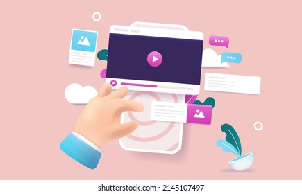 Using smartphone - Hand interacting with touch screen watching social media videos and content. Vector illustration