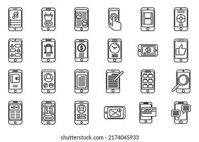 Using smartphone icons set outline vector. App addiction. Audio phone