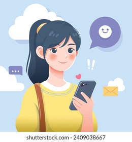 Using Smartphone illustration. young girl checking her smartphone.