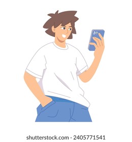 Using smartphone illustration. Young man checking his smartphone