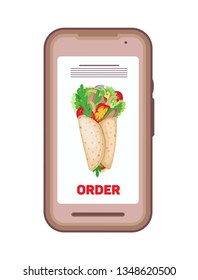 Using smartphone to order food delivery online. Phone with the image of a burrito and order button. Isolated object on a transparent background.