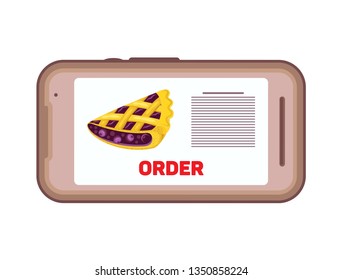 Using smartphone to order food delivery online. Phone with the image of a pie and order button. Isolated object on a transparent background.