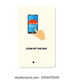 Usando smartphone para comprar un icono plano. Compras, web, señal de vector aislado en línea. Concepto de dispositivo móvil y tecnología. Elementos de símbolo de ilustración vectorial para diseño web y aplicaciones