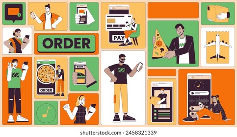 Uso de smartphones todos los días bento cuadrícula conjunto de ilustración. Entrega de paquetes, pedido de pizza, reproductor de música Imagen de Vector 2D diseño de collage colección gráfica. Diseño multicultural de tablero de madera de caracteres planos