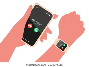 Usando um Smartwatch e um telefone. Smartwatch dan smartphone chamar app na tela. Ilustração vetorial.