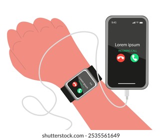 Usando um Smartwatch e um telefone. Smartwatch dan smartphone chamar app na tela. Ilustração vetorial.