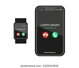 Usando um Smartwatch e um telefone. Smartwatch dan smartphone chamar app na tela. Ilustração vetorial.