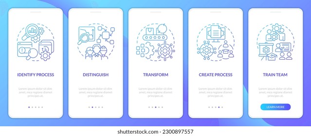 Using SMED blue gradient onboarding mobile app screen. Business strategy walkthrough 5 steps graphic instructions with linear concepts. UI, UX, GUI template. Myriad Pro-Bold, Regular fonts used