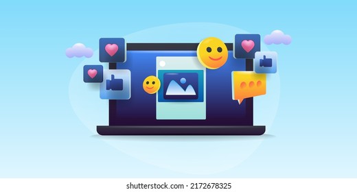 Using Social Media For Larger Audience, Getting Likes, Share, Love, Audience Engagement, Social Media Communication For Sharing Brand Story - 3D Vector Illustration With Icons